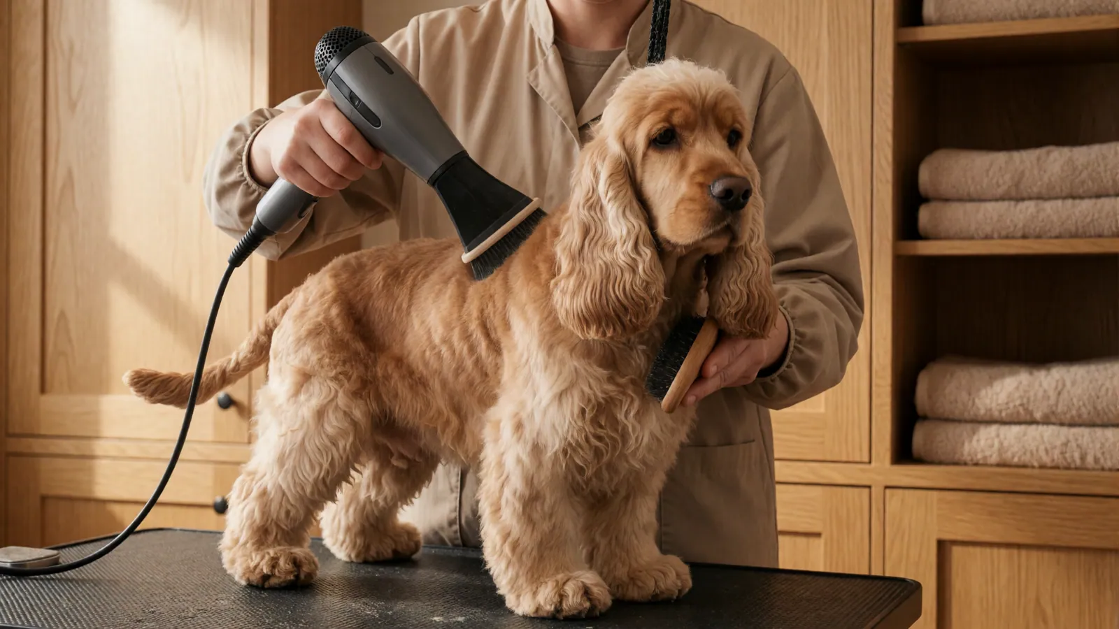 Hand-drying at the table at Woodside Pet Grooming in Woodside, Queens, New York