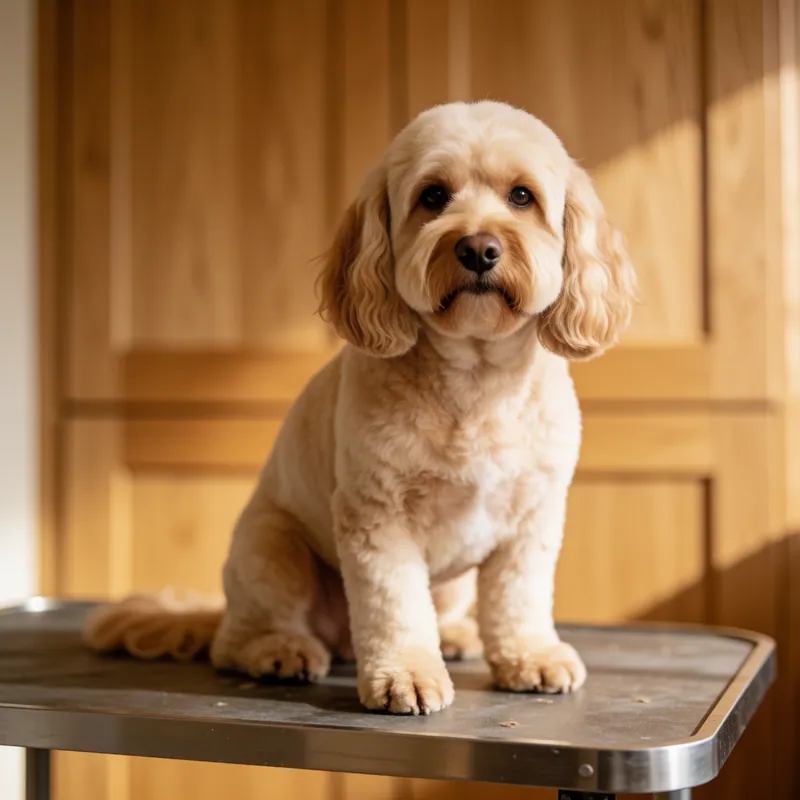 A curly-coated dog after a full groom
