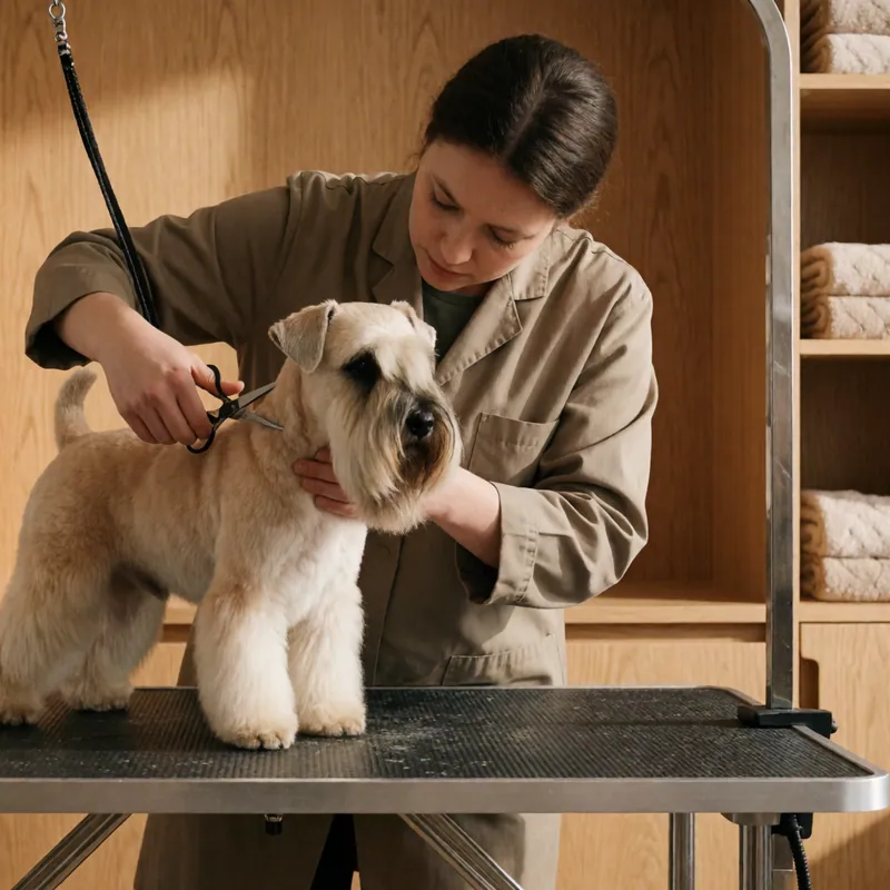 A groomer's station set up for a scheduled monthly appointment at Woodside Pet Grooming