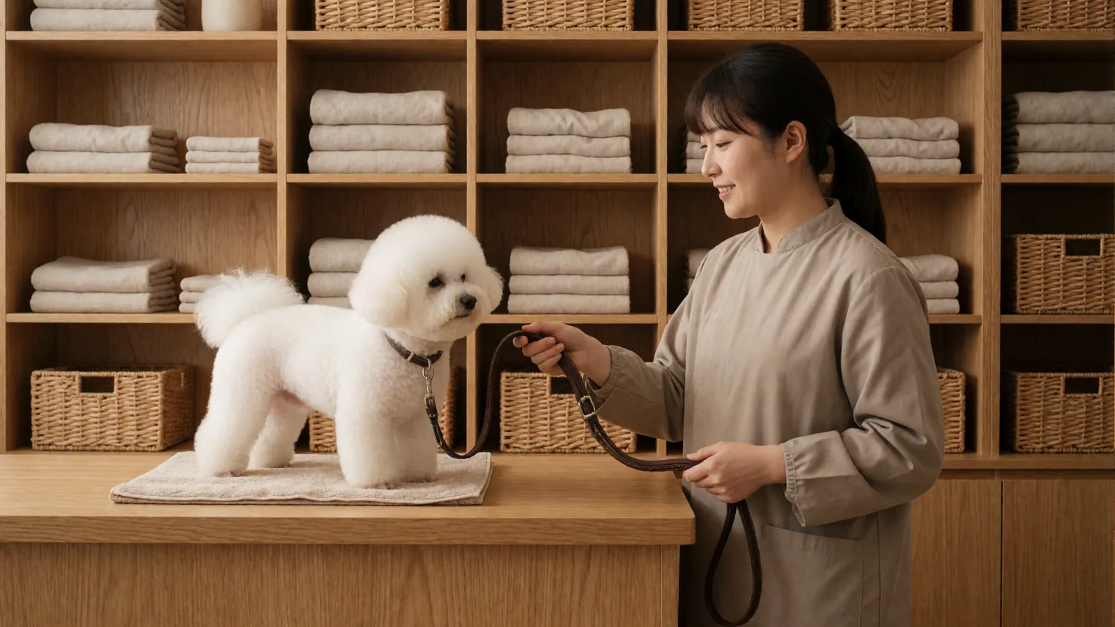 A groomer talking through a finished groom at collection at Woodside Pet Grooming in Woodside, Queens, NY