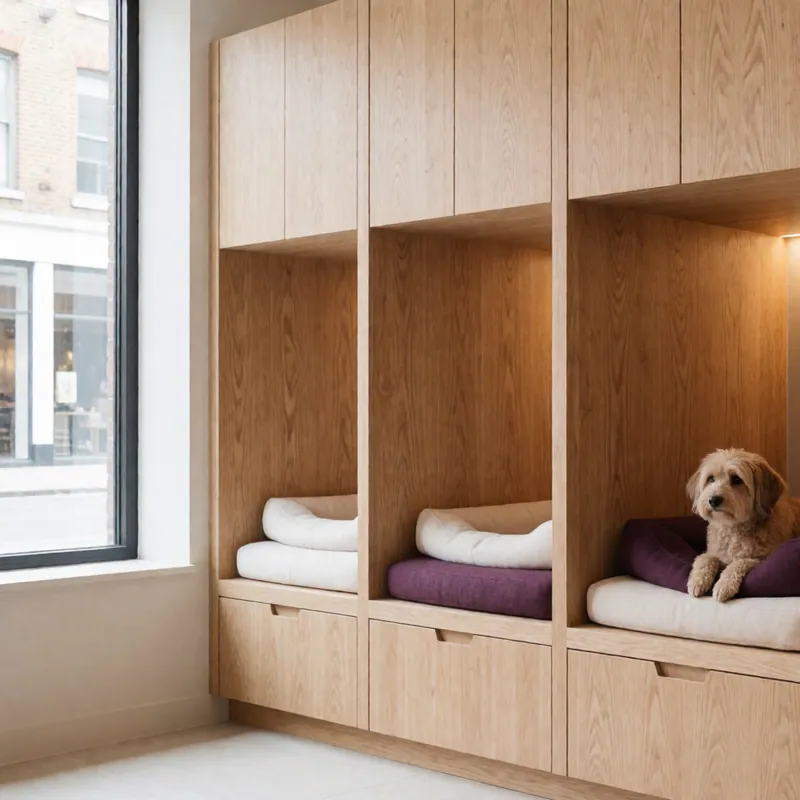 Open resting bays, not a crate bank at Woodside Pet Grooming, Woodside, Queens, NY